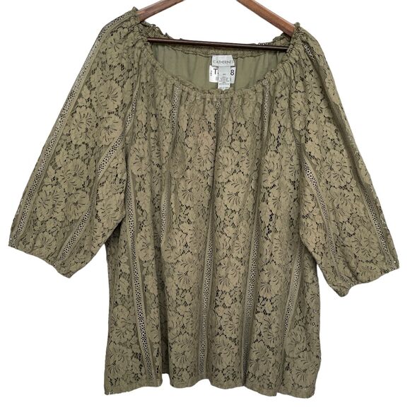 Catherines Lace Blouse Top Women‎ Size 2X Green Round Neck Raglan Sleeve Lined - Picture 1 of 11